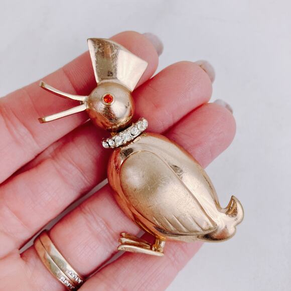 VTG Gold Tone Duck Brooch with Rhinestone Collar Whimsy 50s Figural Pin Quirky - Picture 2 of 7